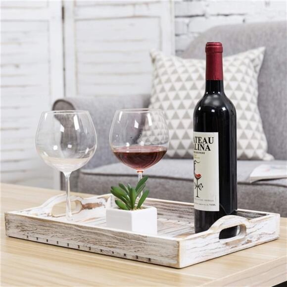 Wooden Serving Tray Breakfast Tray Coffee Table Tray Ottoman Tray Whitewashed - Picture 4 of 8